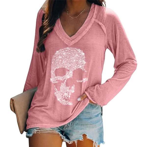 Women's Loose Skull Printed Long Sleeved V-neck Shirts Cotton Tops